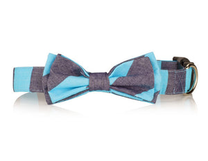 Aqua Blue And Gray Striped Dog Bow Tie Collar