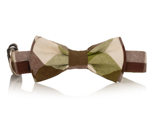 Green, White, And Brown Plaid Dog Bow Tie Collar