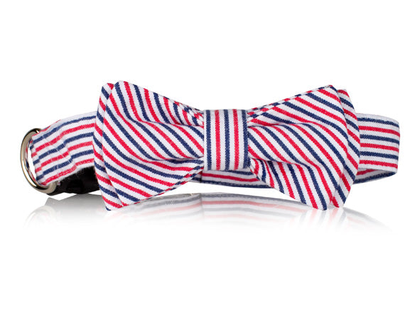 Red White & Blue Bow Striped Bow Tie Dog Collar